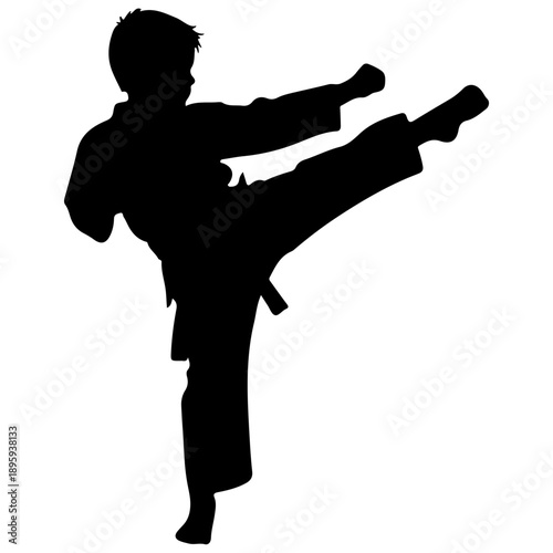 Silhouette of a young boy performing a karate kick.