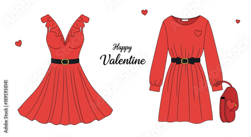 Valentine's Day fashion illustration featuring red dresses and accessories on a clean white background from a front viewpoint