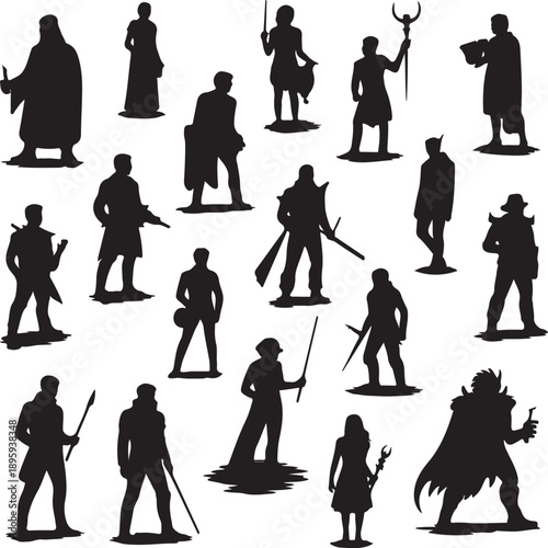 Collection of medieval character silhouettes with various weapons and costumes