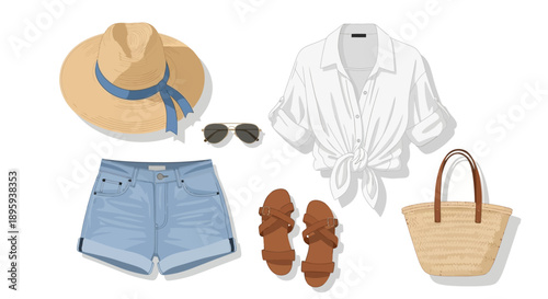 A stylish summer outfit featuring a hat, shirt, shorts, shoes, and bag arranged neatly on a clean background