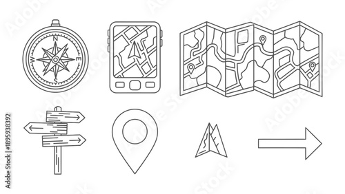Navigational tools illustration: A collection of essential navigational tools, each meticulously illustrated, ready for any journey. These include a compass, map, GPS, sign, and marker.