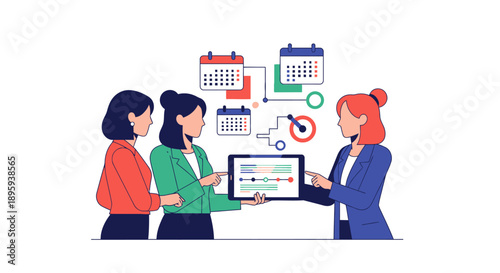 Business Team Collaboration for Project Planning and Scheduling. Women organizing workflow using a digital tablet timeline and calendar diagram vector illustration.