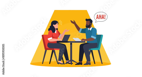 Breakthrough Moment: Diverse Colleagues Collaborating, Discovering a Solution, and Sharing a Big Idea. Vector Illustration of Business Teamwork.