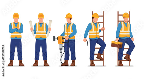 Construction workers in various poses with tools on a plain white background, viewed from the front, showcasing industry professionals at work, Whisk_402ab7ab268b7c68cb74eeb4d3c89dcedr.eps