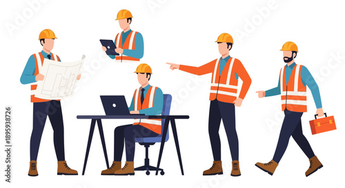 Construction workers collaborating and discussing project plans in a workplace environment from a straightforward viewpoint