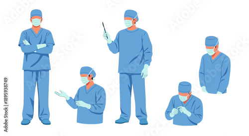 Medical professionals collaborating in a clinical environment, viewed from a straightforward angle, showcasing various medical practices and attire.