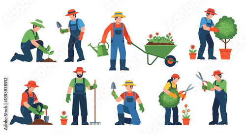 Gardeners at work, tending plants, and landscaping in a serene outdoor environment from a frontal viewpoint, Whisk_7557c9c4ea726f686f34d1be13c73137dr.eps