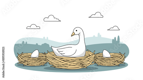 White goose sitting peacefully on a straw nest with two other nests containing white eggs in a rural landscape with rolling hills.