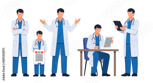 Medical professionals in various poses, standing and sitting, engaged in different activities, possibly consulting or discussing patient care in a clinical setting