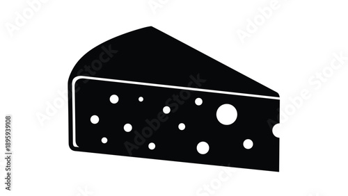 Solid black silhouette of a wedge of cheese with various sized holes shown from a perspective view on a white background for design.