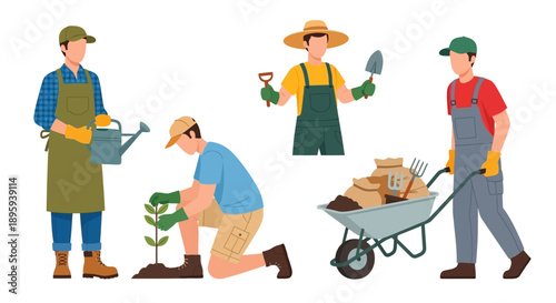 Gardening scene with people watering, planting, and transporting plants in a garden from a frontal viewpoint.