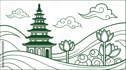 Serene Asian landscape illustration featuring a traditional multi-tiered pagoda amidst rolling hills, gracefully accompanied by delicate lotus blooms and decorative cultural clouds