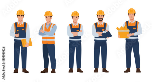 Construction workers in various poses with safety gear and tools standing against a clean background, viewed from the front.