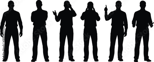Male people silhouettes set, standing gesturing poses, black human shadow figures isolated on white background, vector illustration, collection, design, art