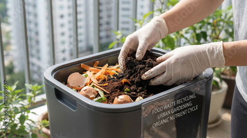 Urban Circular Economy. person wearing gloves adds organic waste to compost bin promoting urban circular economy