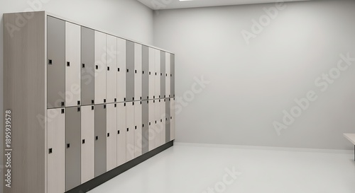 A row of lockers in a clean, white changing room with a smooth floor and a minimalist aesthetic