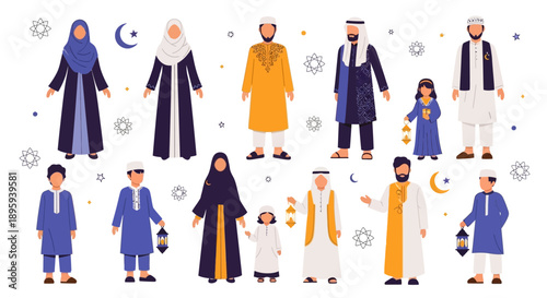 Diverse group of people in traditional clothing gathered together during Ramadan celebration, surrounded by crescent moons and stars.