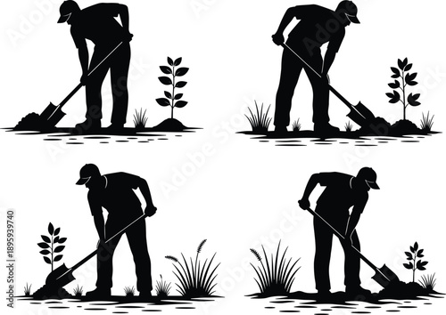 Silhouette, farmer, digging, soil, with, shovel, agriculture, work, black, white, vector, illustration, gardening, planting, crops, rural, farming, labor, nature, concept