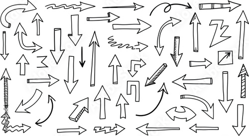 Collection of various black and white hand drawn arrows on white background