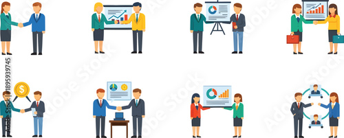 Business professionals engaging in various meetings and presentations