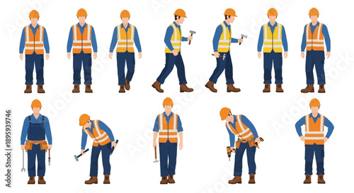 Various construction workers in safety gear and hard hats performing different tasks and poses in a grid arrangement