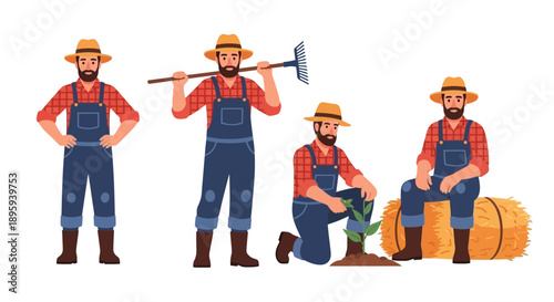 Farmers in overalls and hats working together in a field with various agricultural tools