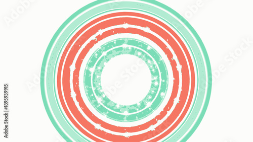 Abstract concentric circles with grunge texture in coral and mint colors
