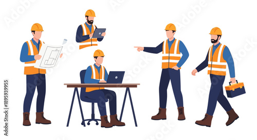 Construction workers collaborating and working on a project in an office environment viewed from the side