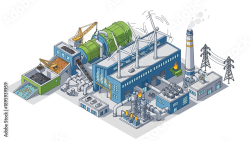 Isometric view of a complex industrial power generation plant.