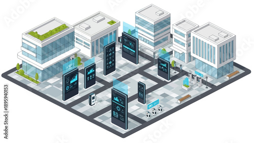 Isometric smart city with digital screens and modern buildings.