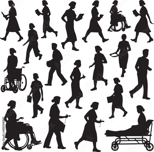 Collection of people silhouettes in various poses and activities