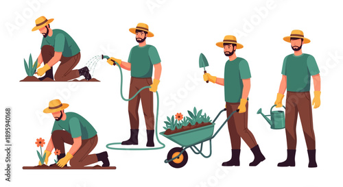 Gardener Tending Plants in Various Stages of Work, Outdoors, Illustrated Figures