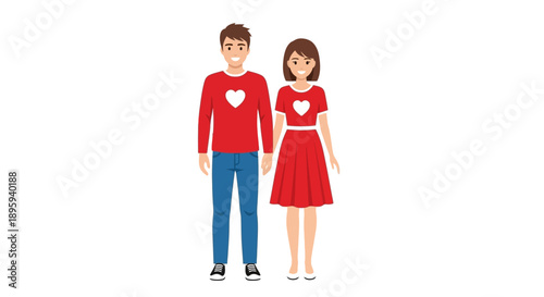 Illustration of a couple standing together, holding hands, wearing red clothing with heart symbols, against a plain background from a front viewpoint