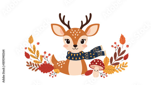 Adorable baby deer wearing a patterned scarf surrounded by colorful autumn leaves and a small smiling mushroom character.