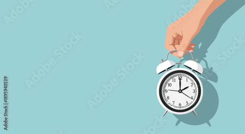 An illustrated hand holding an alarm clock against a light blue background, symbolizing Daylight Saving Time begins in spring.