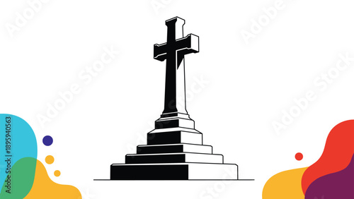 Bold black and white graphic illustration of a christian stone cross monument standing on a tiered pedestal base.