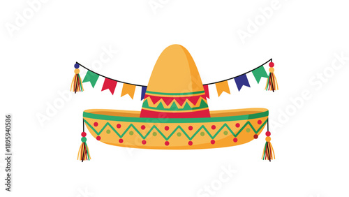 Traditional yellow and green mexican sombrero decorated with a colorful string of bunting flags against a white background.
