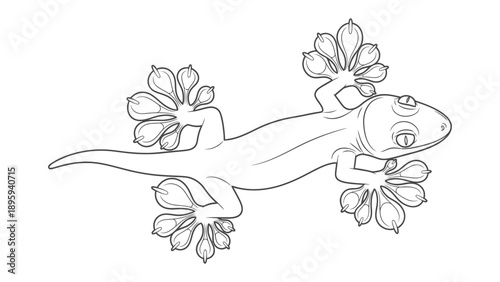 Gecko in Detail: Intricate line art depicts a detailed gecko, highlighting its unique features and textures, with close attention to its feet and overall form.
