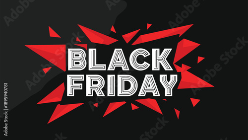 Bold Black Friday text sign in a white outlined font over a background of sharp red crystalline geometric shards.