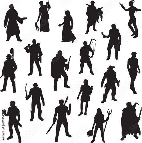 Collection of various black silhouettes of people in different poses and costumes on white background