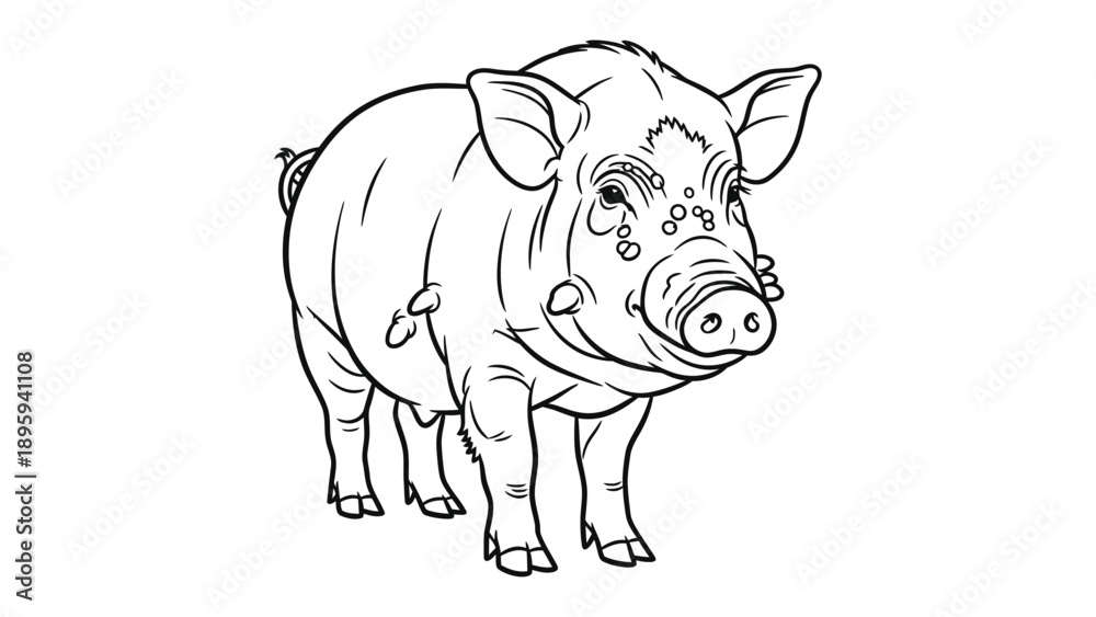 Fototapeta premium Cheerful Pig: A delightful line drawing of a charming pig, its features meticulously illustrated, creating a captivating visual.