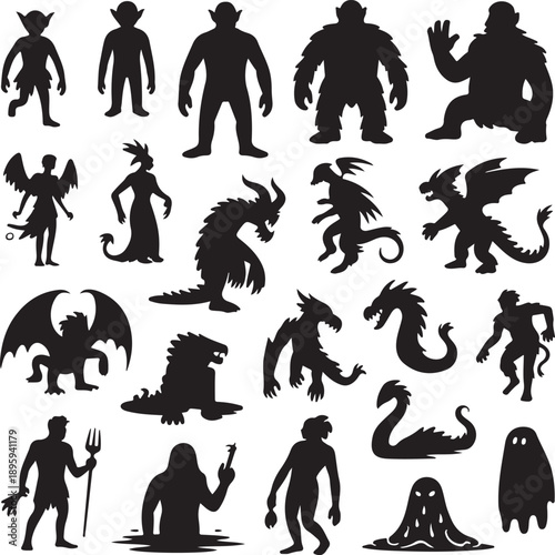 Collection of various mythical creatures and monsters in black silhouette on white background