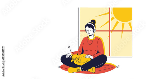 Relaxing woman with cat, headphones, and sunlight. Home comfort, mindfulness, and self-care flat illustration style.