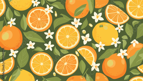 Vibrant seamless pattern of orange fruits, slices, leaves, and white blossoms on a dark green background for textile or wallpaper design.
