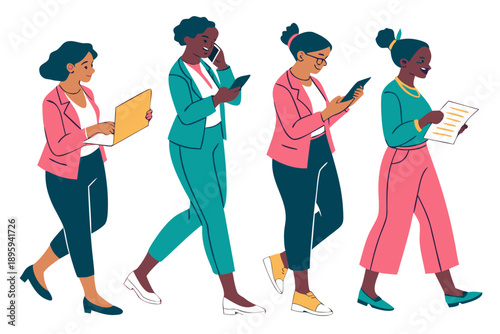 Successful Female Leadership Team: Multicultural Businesswomen Collaborating in Modern Office Environment. business women set on transparent Background, Using Digital Devices, Phones, leptop