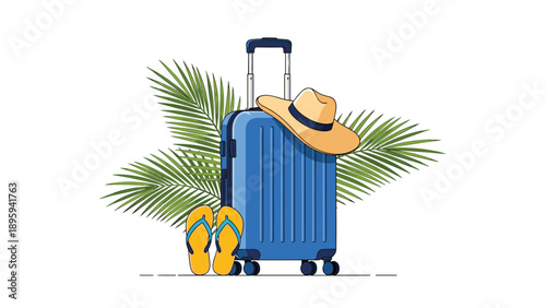 Large blue suitcase with a straw hat and yellow flip flops in front of large green tropical palm leaves on a white background.
