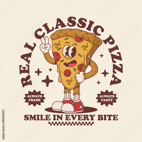 Classic pizza mascot character for t-shirt design, streetwear, and vintage branding. Retro cartoon style vector illustration