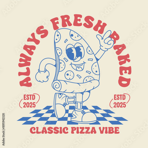 Retro pizza mascot character illustration for streetwear and t-shirt design, featuring vintage typography and classic cartoon style