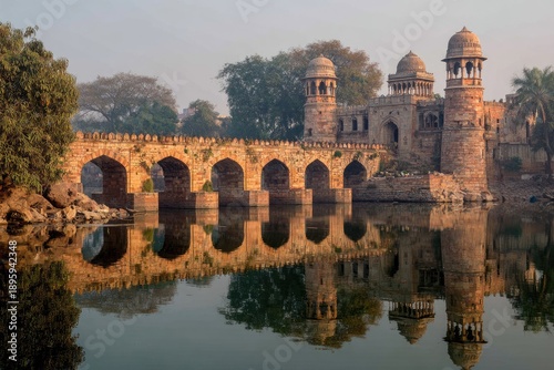 An arched stone bridge with ornate structures and domes spans a calm lake, reflecting the architecture in the water