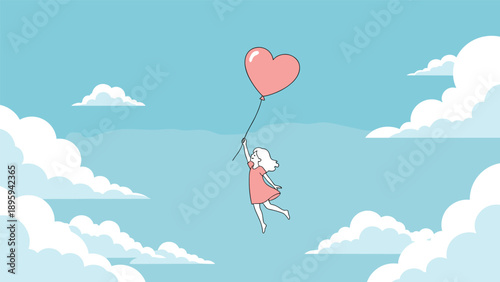 Dreamy illustration of a young girl in a pink dress flying high among the clouds while holding onto a large pink heart shaped balloon.
